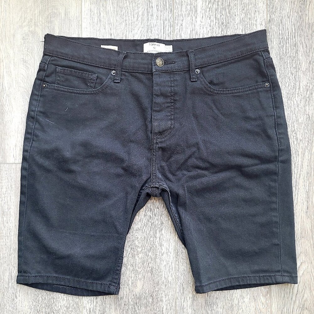 black (very) skinny button fly jean shorts by Topman, size 34